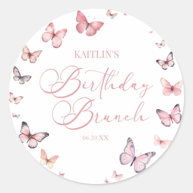 Soft Pink Butterfly Birthday Brunch Party Classic Round Sticker (Front)