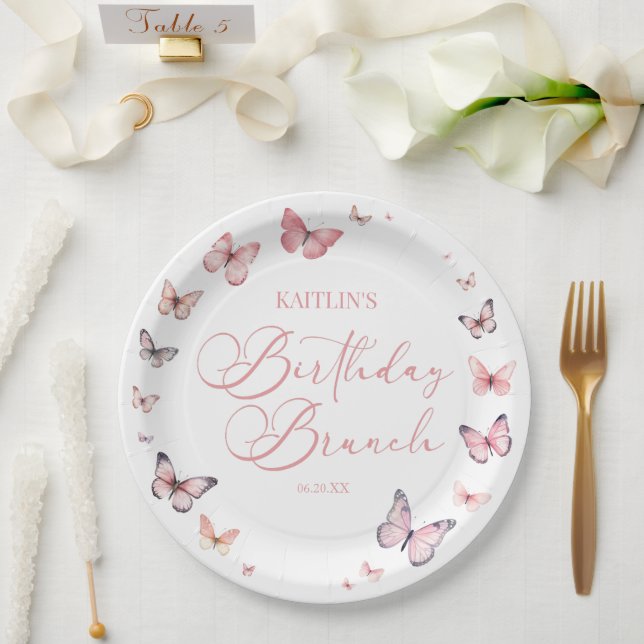 Soft Pink Butterfly Birthday Brunch Party Paper Plate (Wedding)