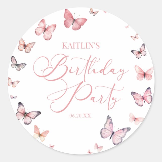 Soft Pink Butterfly Birthday Party Classic Round Sticker (Front)