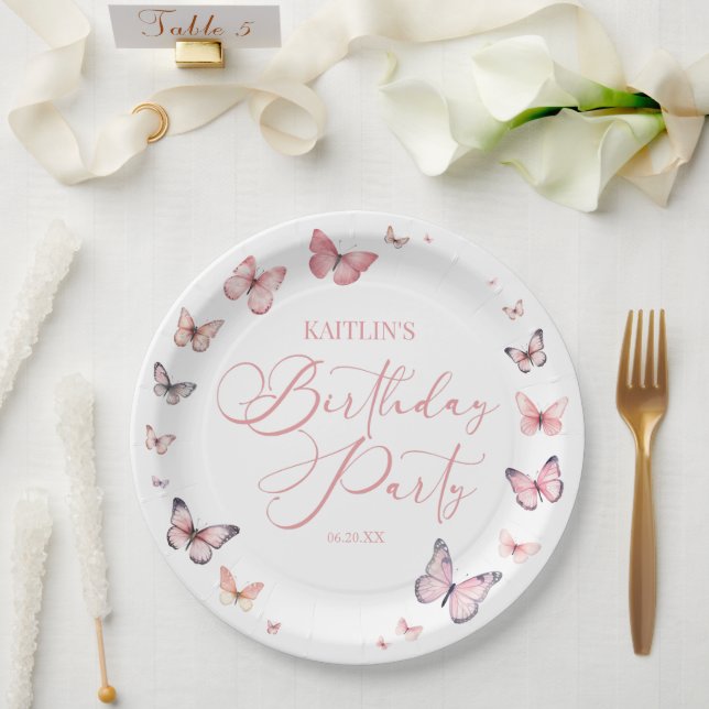 Soft Pink Butterfly Birthday Party Paper Plate (Wedding)