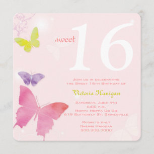 Soft Pink Butterfly Themed Sweet 16 Birthday Party Invitation