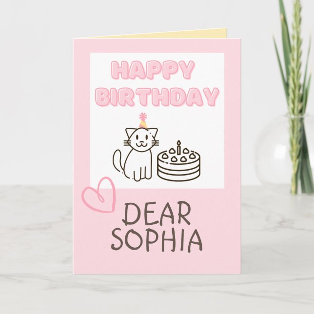 Soft Pink Cat&Cake Happy Birthday  Card (Front)