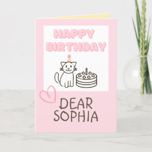 Soft Pink Cat&Cake Happy Birthday Card