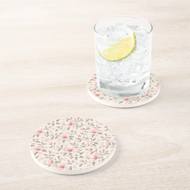 Soft Pink Cherry Blossom Floral Seamless Pattern Coaster (Side)