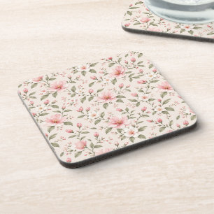 Soft Pink Cherry Blossom Floral Seamless Pattern Coaster