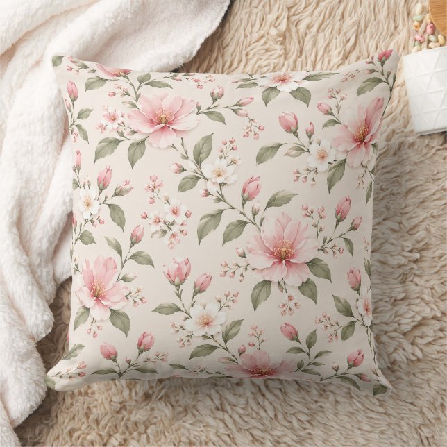 Soft Pink Cherry Blossom Floral Seamless Pattern Cushion (Blanket)