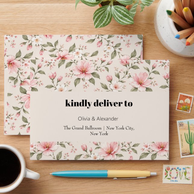 Soft Pink Cherry Blossom Floral Seamless Pattern Envelope (Desk)