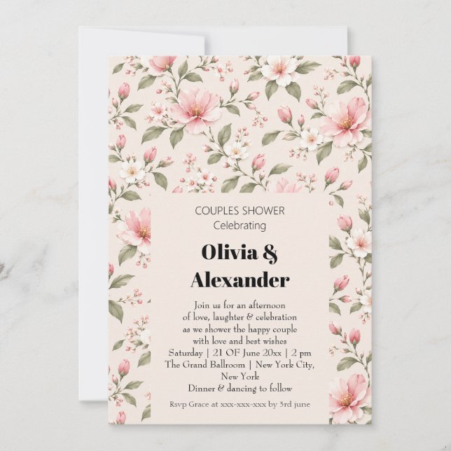 Soft Pink Cherry Blossom Floral Seamless Pattern Invitation (Front)