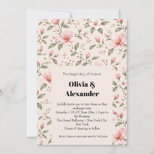 Soft Pink Cherry Blossom Floral Seamless Pattern Invitation