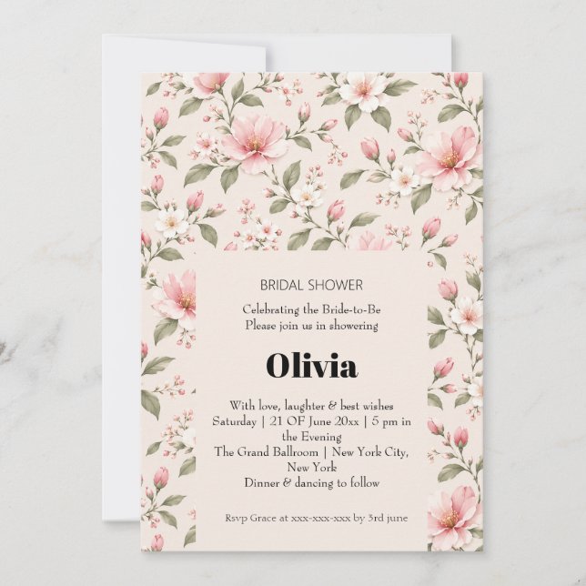 Soft Pink Cherry Blossom Floral Seamless Pattern Invitation (Front)