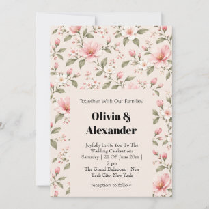 Soft Pink Cherry Blossom Floral Seamless Pattern Invitation