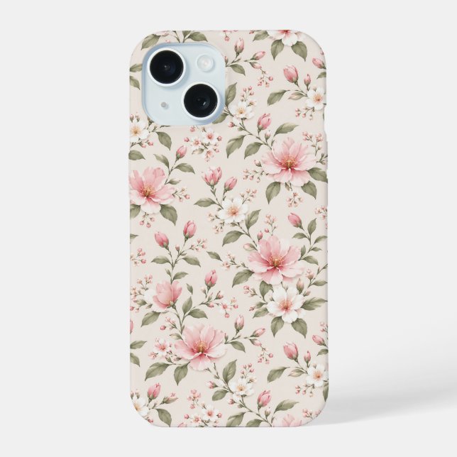 Soft Pink Cherry Blossom Floral Seamless Pattern iPhone 15 Case (Back)