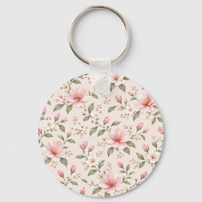 Soft Pink Cherry Blossom Floral Seamless Pattern Key Ring (Front)
