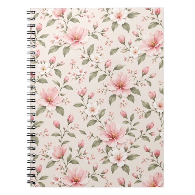 Soft Pink Cherry Blossom Floral Seamless Pattern Notebook (Front)