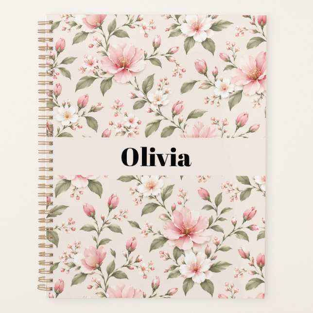 Soft Pink Cherry Blossom Floral Seamless Pattern Planner (Front)