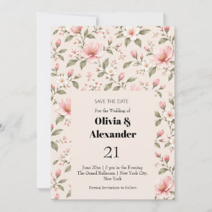 Soft Pink Cherry Blossom Floral Seamless Pattern Save The Date
