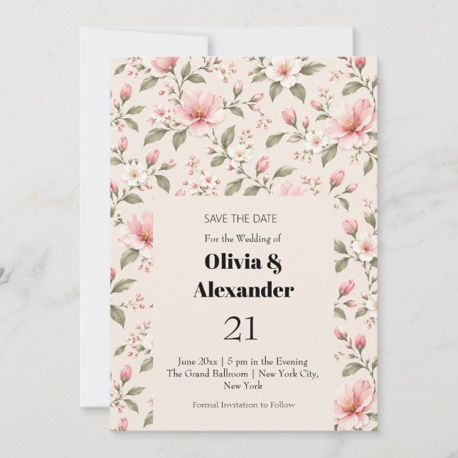Soft Pink Cherry Blossom Floral Seamless Pattern Save The Date (Front)