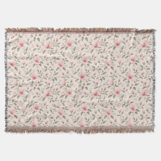 Soft Pink Cherry Blossom Floral Seamless Pattern Throw Blanket (Front)