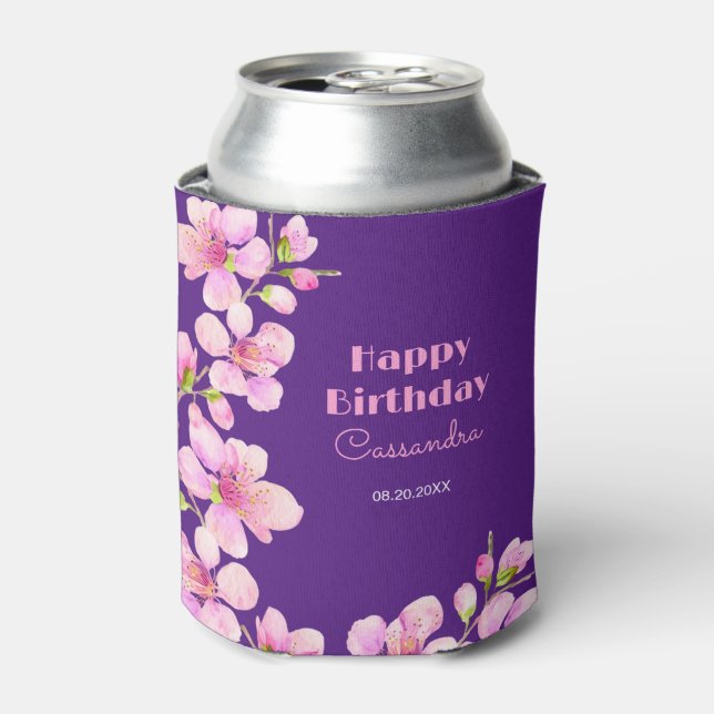 Soft Pink Cherry Blossom Sakura Purple Birthday Can Cooler (Can Front)