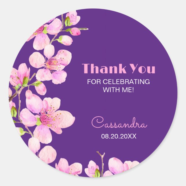 Soft Pink Cherry Blossom Sakura Purple Birthday Classic Round Sticker (Front)