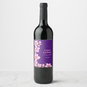 Soft Pink Cherry Blossom Sakura Purple Birthday Wine Label