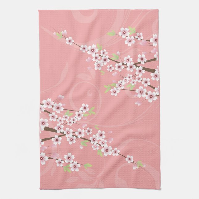 Soft Pink Cherry Blossom Tea Towel (Vertical)