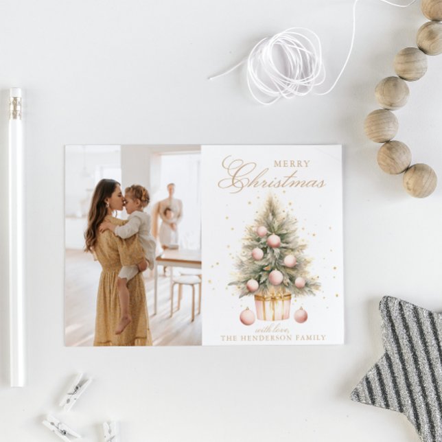 Soft Pink Christmas Tree Watercolor Custom Photo Holiday Card (Creator Uploaded)