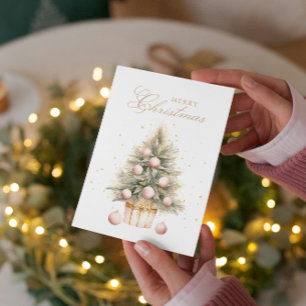 Soft Pink Christmas Tree Watercolor Custom Photo Holiday Card
