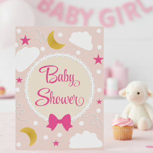 Soft Pink Clouds And Stars Baby Shower Invitation