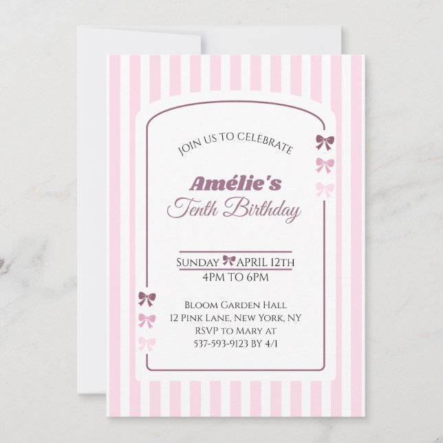 Soft Pink Coquette Bow Girl 10th Birthday Party Invitation (Front)