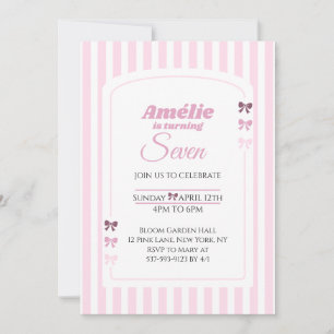 Soft Pink Coquette Bow Girl Seventh Birthday Party Invitation