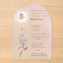 Soft Pink Cross & Floral Girl Baptism Invitat Inv
