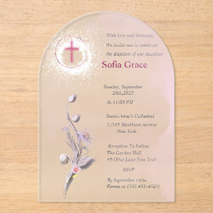 Soft Pink Cross & Floral Girl Baptism Invitat Inv Acrylic Invitations