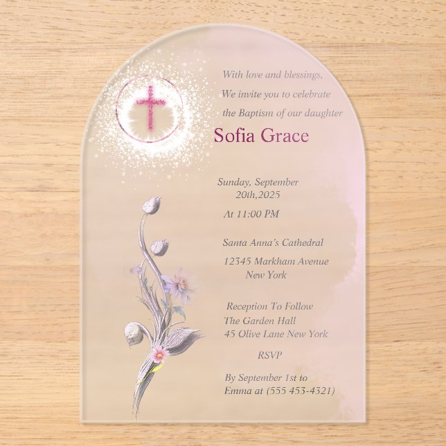 Soft Pink Cross & Floral  Girl Baptism Invitat Inv Acrylic Invitations (Front)