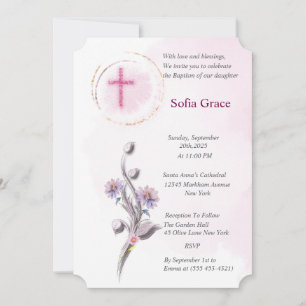 Soft Pink Cross & Floral Girl Baptism Invitat Inv Invitation