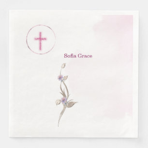 Soft Pink Cross & Floral Girl Baptism paper napk Napkin