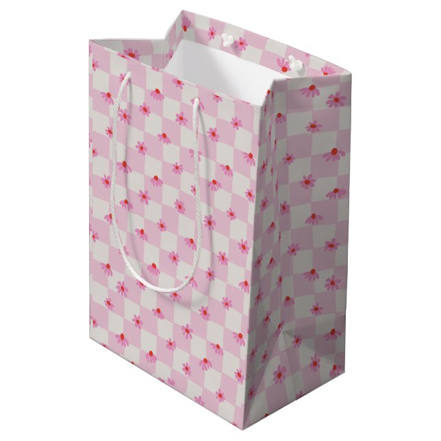 Soft Pink Daisy Checkerboard Floral Pattern Medium Gift Bag (Back Angled)