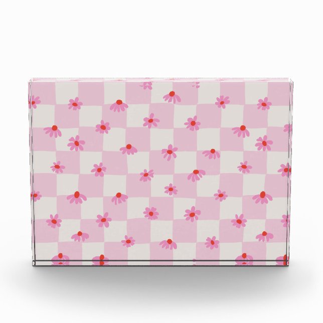 Soft Pink Daisy Chequerboard Floral Pattern Photo Block (Front)