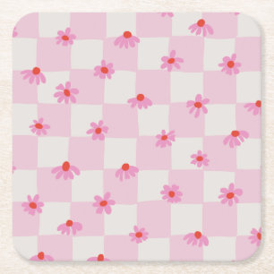 Soft Pink Daisy Chequerboard Floral Pattern Square Paper Coaster
