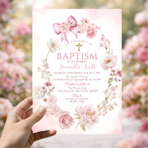 Soft Pink Dusty Rose Floral Cross Girl Baptism Invitation