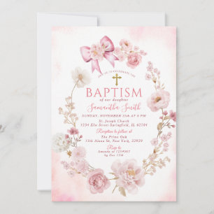 Soft Pink Dusty Rose Floral Cross Girl Baptism Invitation