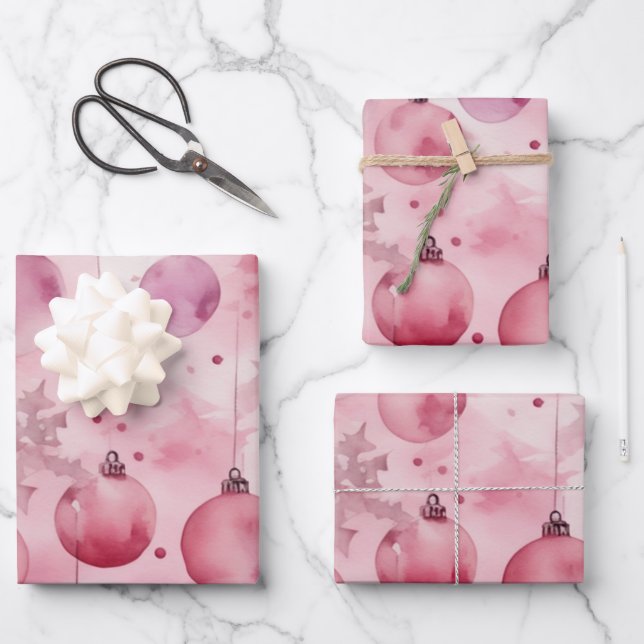 Soft Pink Elegance: Christmas Ornaments Wrapping Paper Sheet (Front)