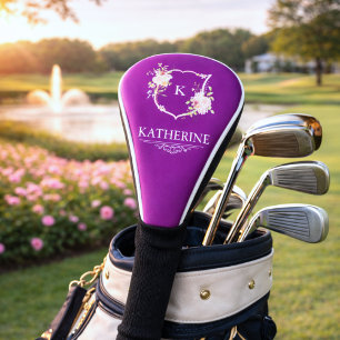Soft Pink Feminine Botanical Crest Purple Monogram Golf Head Cover