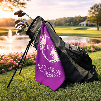 Soft Pink Feminine Botanical Crest Purple Monogram Golf Towel