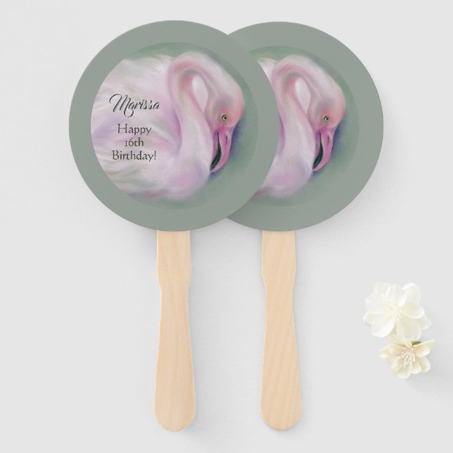 Soft Pink Flamingo Pastel Personalised Birthday Hand Fan (Front and Back)
