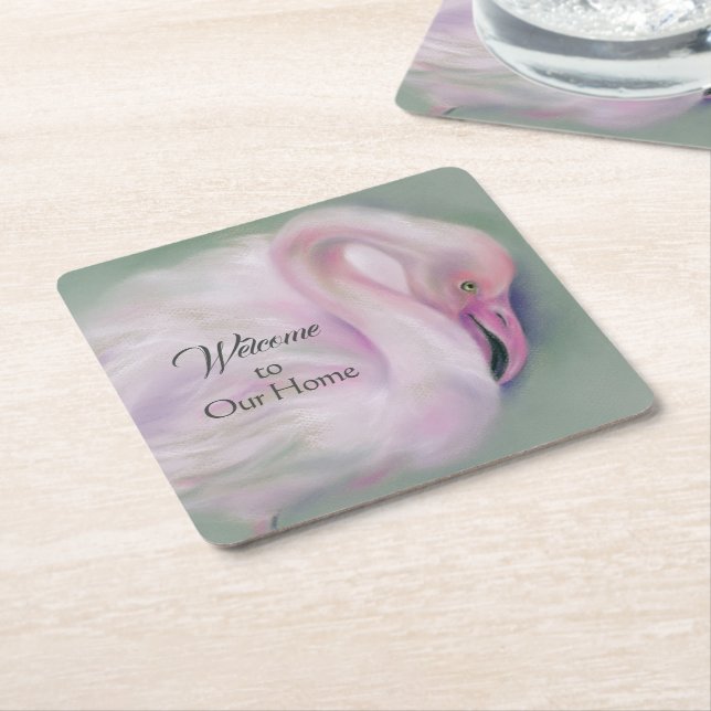 Soft Pink Flamingo Pastel Square Paper Coaster (Angled)