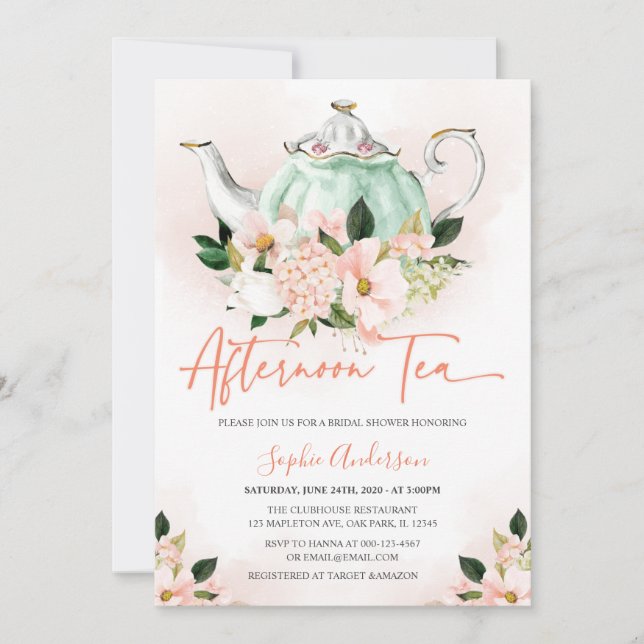 Soft Pink Floral Afternoon Tea Party Bridal Shower Invitation (Front)