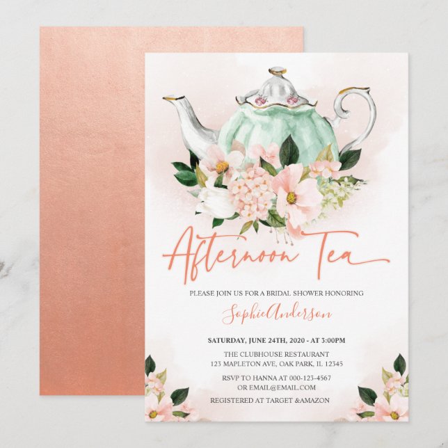 Soft Pink Floral Afternoon Tea Party Bridal Shower Invitation (Front/Back)