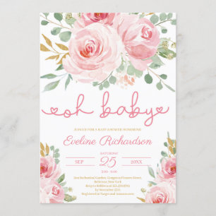 Soft pink floral and gold glitter oh baby shower invitation