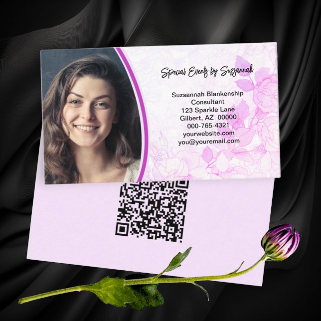 Soft Pink Floral Background Custom Photo QR Code Business Card (front floral and custom photo; back QR code business card )